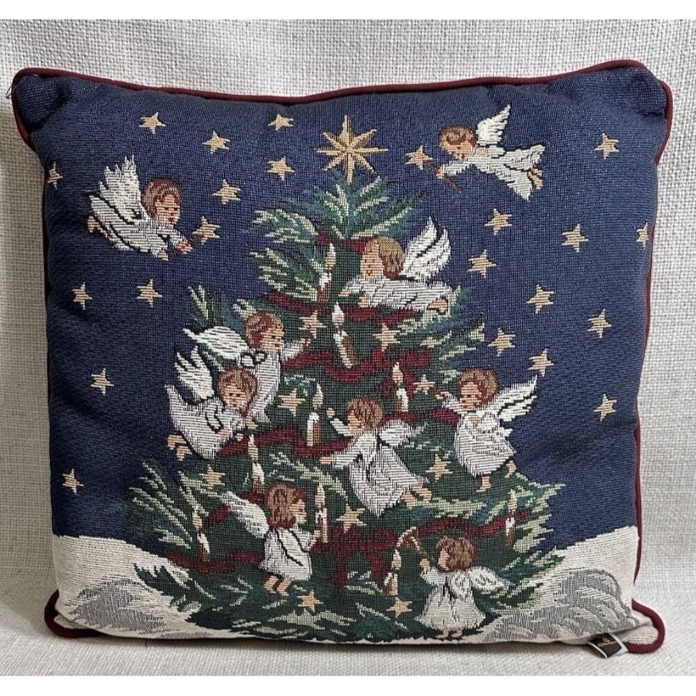 VTG Tapestry Square Christmas Pillow Angels Classic Victorian 16" Decor Holiday